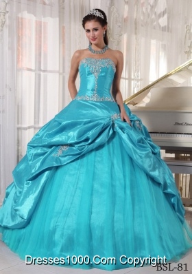 Aqua Blue Ball Gown Strapless 2014 Pretty Quinceanera Dress with Appliques