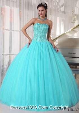 Aqua Blue Ball Gown Sweetheart Floor-length Quinceanera Dress with Tulle Beading