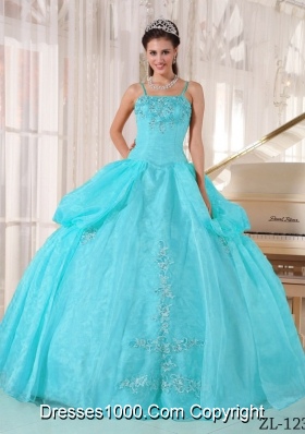 Aqua Blue Spaghetti Straps Taffeta and Organza Quinceanera Dress with Appliques