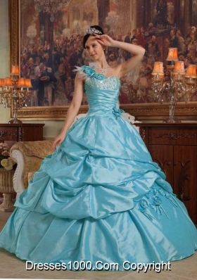 Baby Blue Ball Gown One Shoulder Quinceanera Dress with Hand Flowers Taffeta