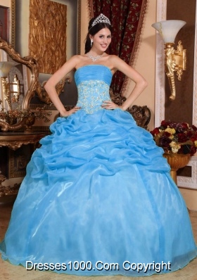 Baby Blue Ball Gown Strapless Quinceanera Dress with  Organza Appliques