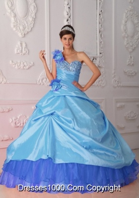 Blue Ball Gown One Shoulder Quinceanera Dress  with Taffeta Beading Hand Flower