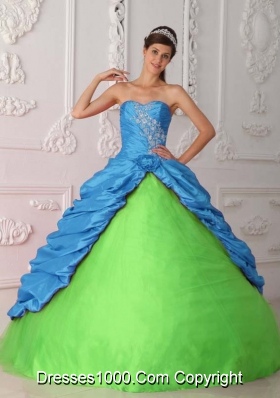 Green and Blue Ball Gown Sweetheart Quinceanera Dress with  Taffeta Appliques Ruching