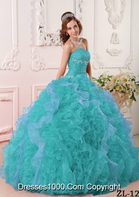 Inexpensive Turquoise Ball Gown Sweetheart Appliques Quinceanera Dress with Beading
