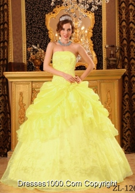 Organza Strapless Appliques and Pick-ups for Yellow Sweet 15 Dresses