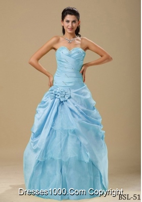 Popular Sweetheart Aqua Blue Quinceanera Dresses with Hand Made Folwers and Ruching