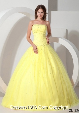 Princess Strapless Tulle Yellow Quinceanera Dress with Beading
