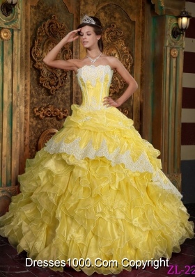 Strapless Ruffles and Appliques Organza Yellow Quinceanera Gown Dresses