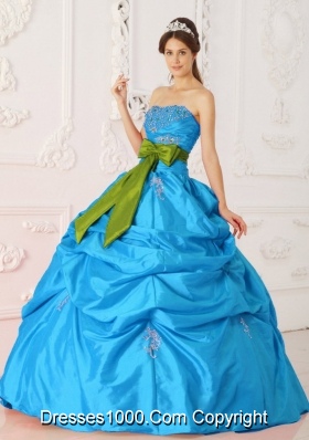 Teal Ball Gown Strapless Quinceanera Dress with Taffeta Beading Sash