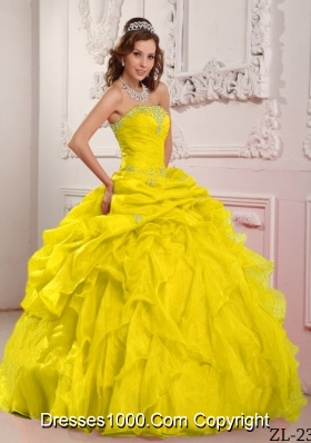 Yellow Sweet 15 Dresses with Organza Beading and Ruffles Strapless