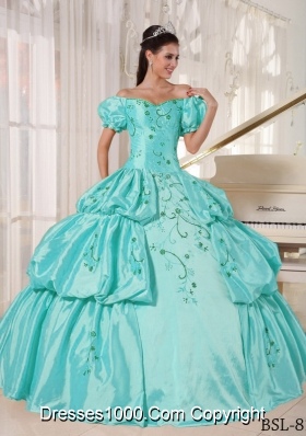 2014 Aqua Blue Off The Shoulder Embroidery Quinceanera Dress with Cap Sleeves