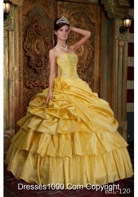 Strapless Beading and Hand Made Flowers Yellow Quinceanera Gown Dresses