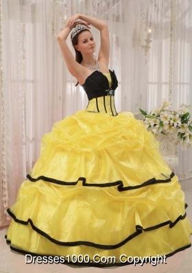 Yellow and Black Strapless Organza Quinceanera Gown Dresses with Beading