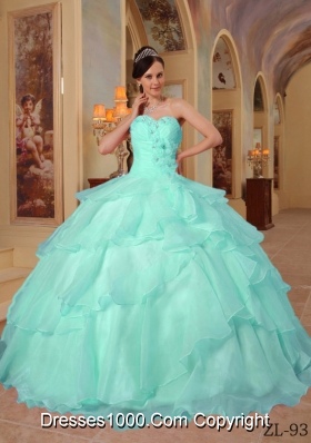 Puffy Sweetheart Pretty Aqua Blue Quinceanera Dress with Organza Beading