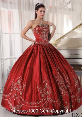 Puffy Wine Red Strapless Satin Embroidery Dresses For 2014