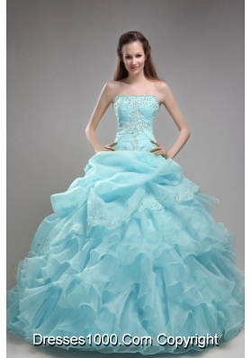 2014 Beautiful Baby Blue Ball Gown Strapless Beading Quinceanera Dress with Ruffles