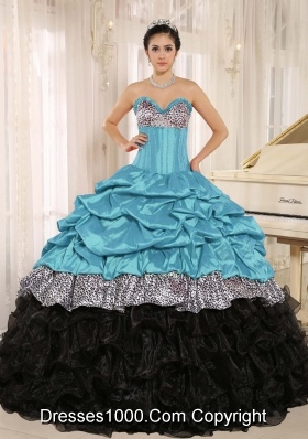 Aqua and Black Sweetheart Ruffles Quinceanera Dress With Floor-length