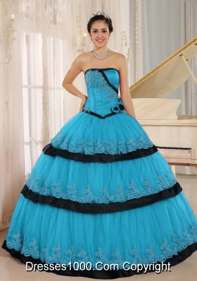 Aqua Blue Hand Made Flowers Custom Made For 2014 Quinceanera Dress