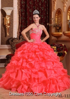 Coral Red Organza Beading and Appliques Quinceanera Gown with Ruffles