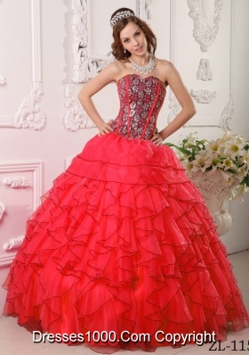 New Style Red Sweetheart Organza Ruffles and Beading Sweet 15 Dresses