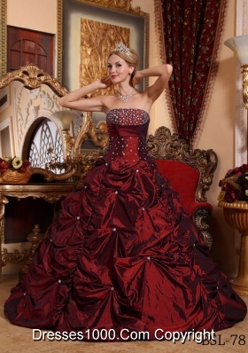 Princess Strapless Taffeta Beading Wine Red Quinceanera Gowns