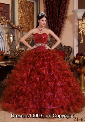 Puffy Sweetheart Organza Ruffles and Beading Wine Red Dresses Of 15