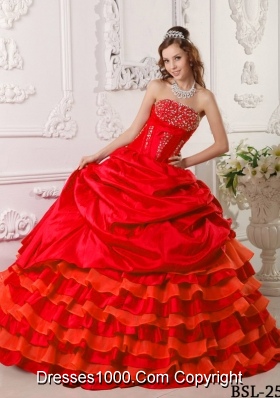 Red Puffy Strapless Taffeta Beading and Layers Sweet 16 Dresses