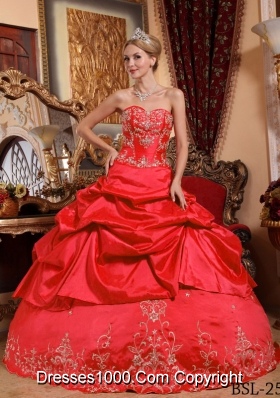 Sweetheart Embroidery with Beading Red Ball Gown Quinceanera Dresses