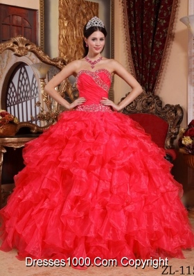 Sweetheart Organza Beading and Ruffles Red Quinceaneras Dress