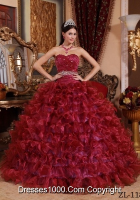 Sweetheart Organza Beading and Ruffles Wine Red Quinceanera Gown Dresses