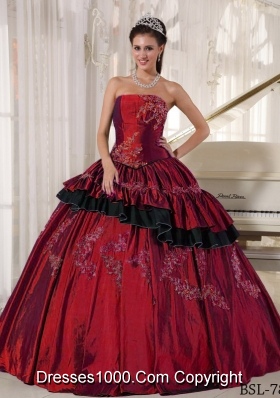 Taffeta Beading Wine Red Appliques Dresses For a Quinceanera