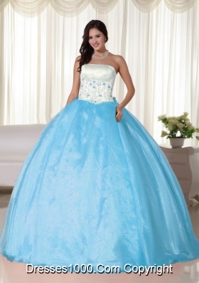 Aqua Blue Ball Gown Strapless Floor-length Quinceanera Dress with Organza