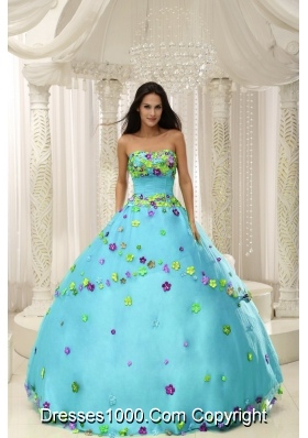 Baby Blue Ball Gown 2014 Quninceaera Gown For Custom Made Appliques Decorate Bodice