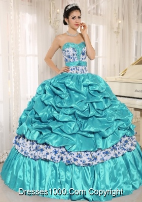 Beaded and Pick-ups For Aqua Blue Quinceanera Dress Taffeta and Printing