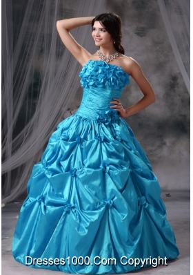 Hand Made Flowers Ruching Ball Gown in Aqua Blue Strapless Quinceanera Dresses