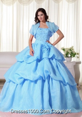 2014 Baby Blue Ball Gown Appliques Quinceanera Dress with Hand Made Flowers