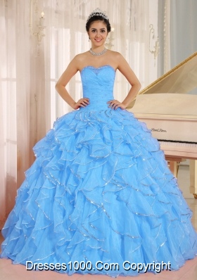 2014 Ruffles and Beaded For Aqua Blue Quinceanera Dress Custom Made