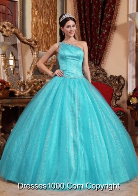 Aqua Blue  Ball Gown One Shoulder Quinceanera Dress Taffeta Beading