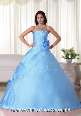 Aqua Blue Ball Gown Strapless Beading Quinceanera Dress with Hand Made Flower