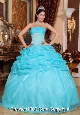 Aqua Blue Ball Gown Strapless Quinceanera Dress with  Organza Appliques