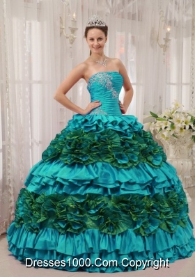 Teal Ball Gown Straplesas Quinceanera Dress with  Taffeta Appliques  Ruching