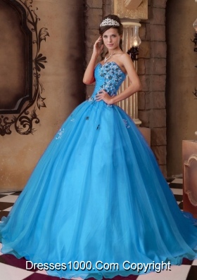 Aqua Blue A-line Sweetheart Floor-length Organza Beading Quinceanera Dress