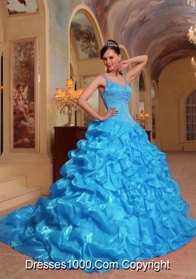 Aqua Blue Ball Gown Spaghetti Straps Quinceanera Dress with Organza Embroidery