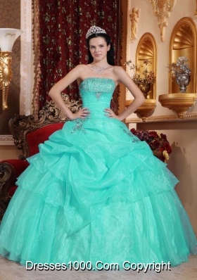 Aqua Blue Ball Gown Strapless Quinceanera Dress with  Organza Beading