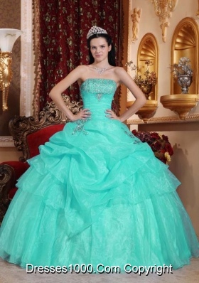 Aqua Blue Ball Gown Strapless Quinceanera Dress with  Organza Beading