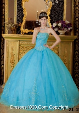 Aqua Blue Ball Gown Strapless Quinceanera Dress with Organza Beading