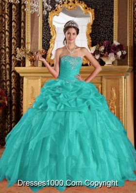 Aqua Blue Ball Gown Sweetheart  Organza Appliques Quinceanera Dress  with Beading