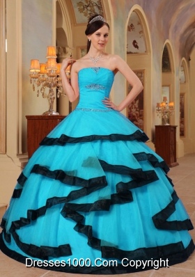 Baby Blue Ball Gown Strapless Quinceanera Dress with  Organza Appliques
