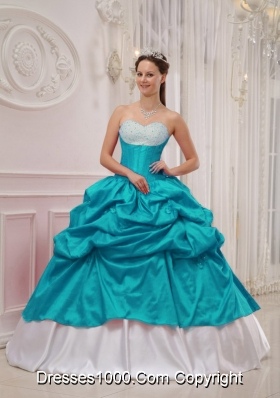 Teal and White Sweetheart Taffeta Beading and Pick-ups Quinceanera Dress