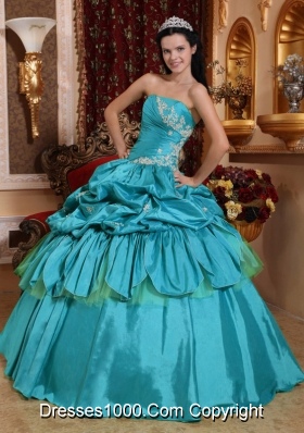 Teal Ball Gown Strapless Quinceanera Dress with  Taffeta Appliques
